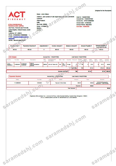 India ACT Fibernet utility bill template in Word and PDF formats